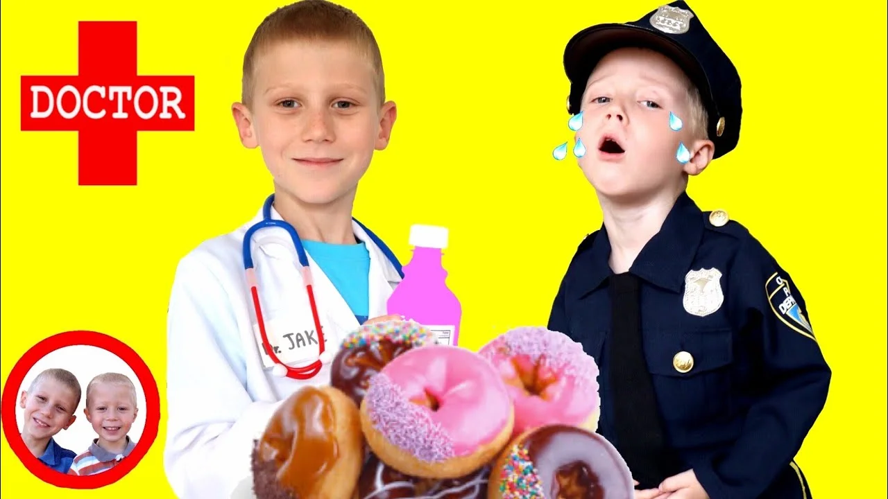 To Many Donuts for Sidewalk Cop! Mike and Jake Pretend Play with Doctor kit 